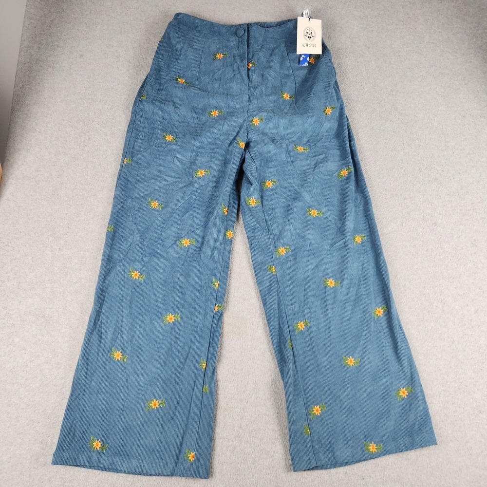 Cider Corduroy Pants Womens Medium Blue Floral Embroidered High Rise Wide Leg
